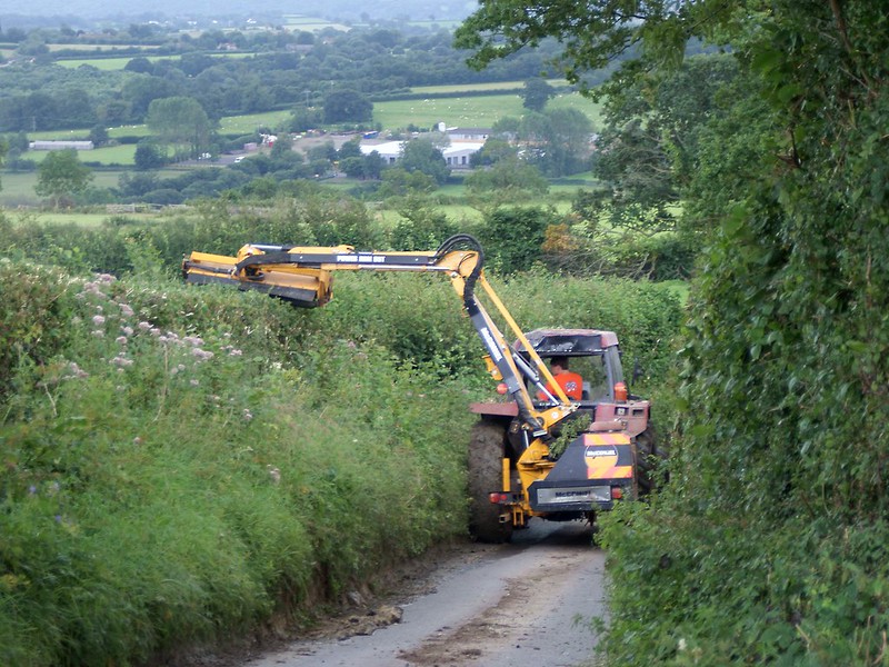 Professional hedge trimmer trimming tall hedges using a tractor and attachment