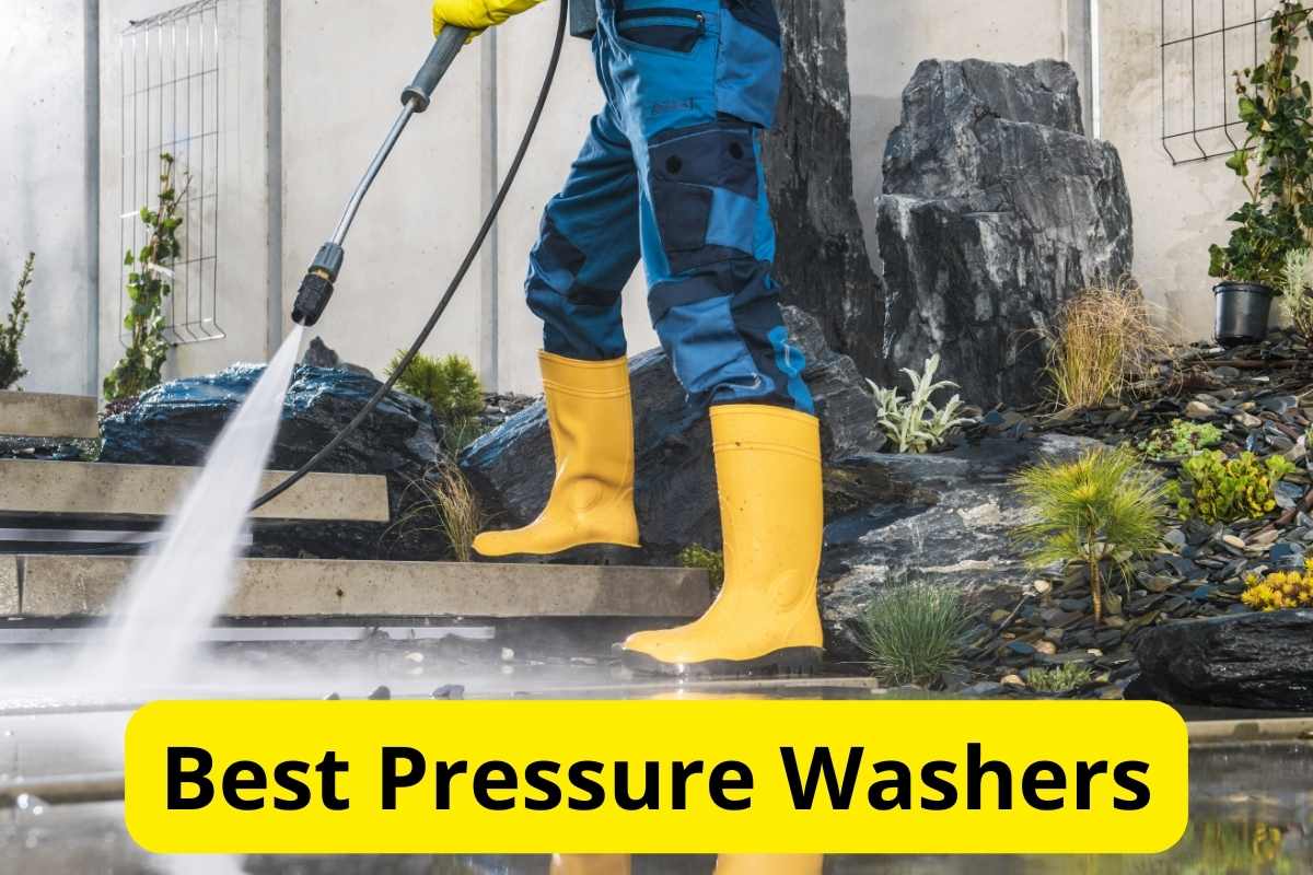 man pressure washing his garden with text overlay on it