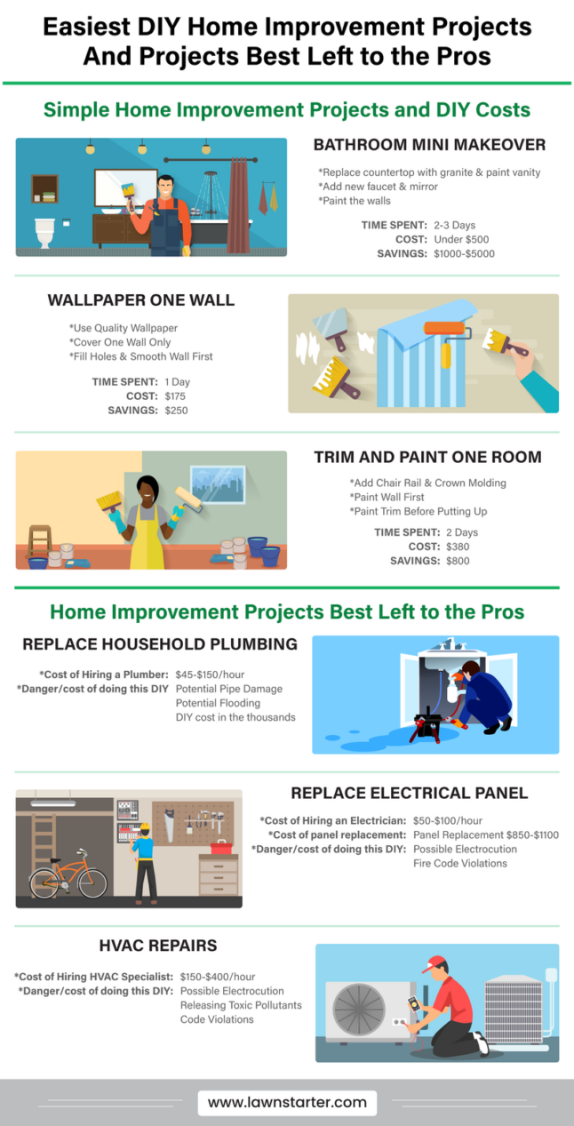 Graphic of the easiest DIY home improvements and those that are better to be left up to the professionals