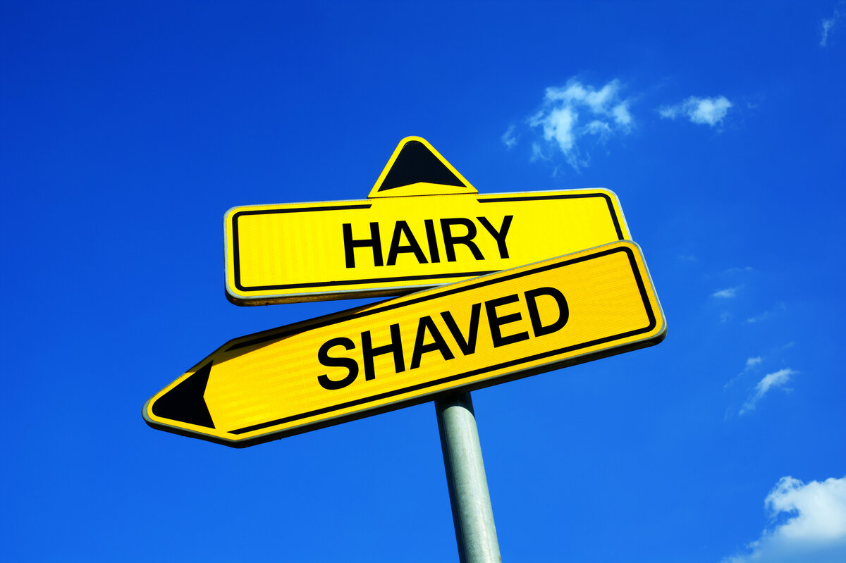Yellow street sign with streets named Hairy and Shaved