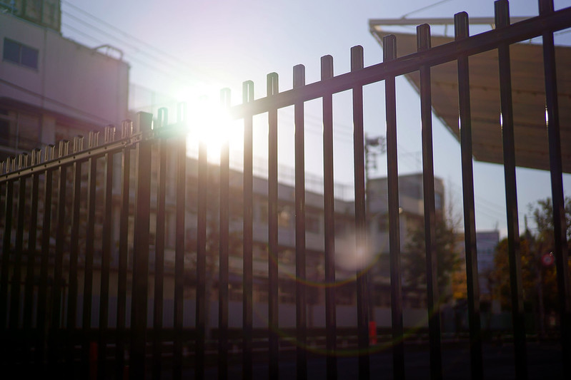 Sun shining over a metal fence