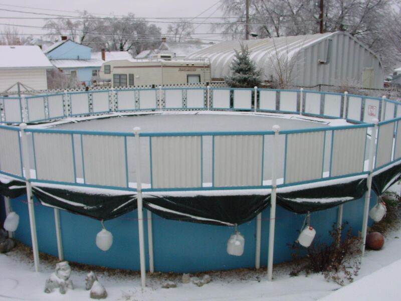 Above-ground pool covered in snow
