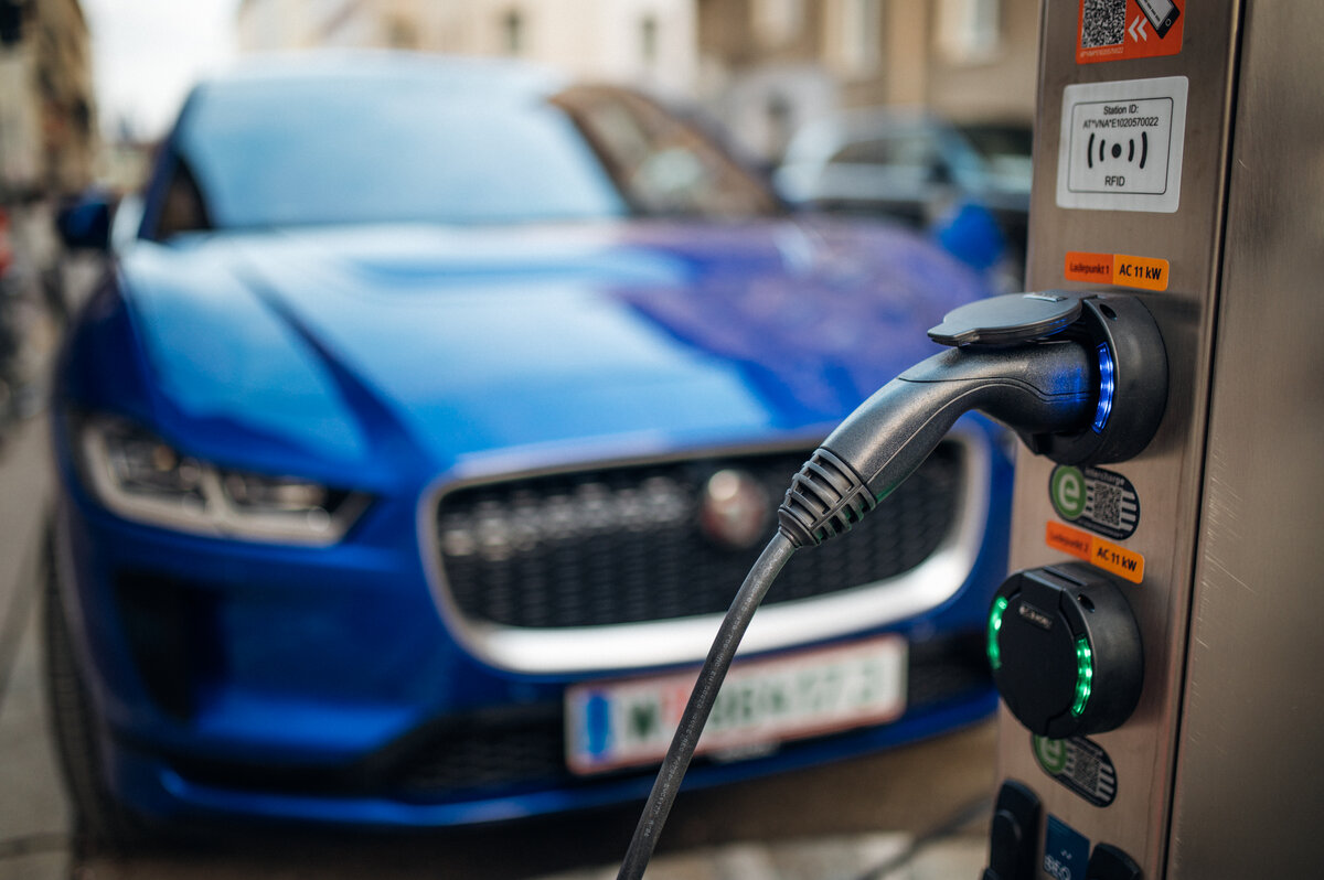 Close-up of an electric car charging