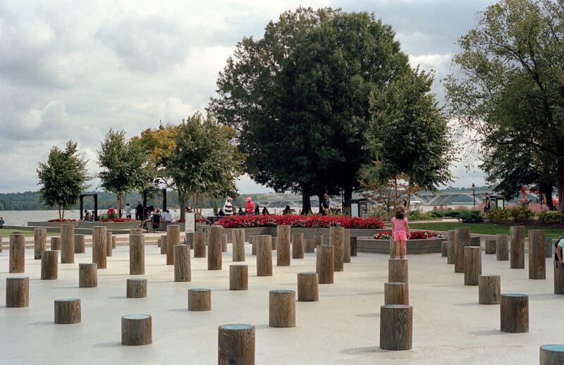 Adults and children walk about Waterfront Park in Old Town Alexandria, Virginia, with the Groundswell art installation in the foreground featuring 130 wood pilings of various heights.