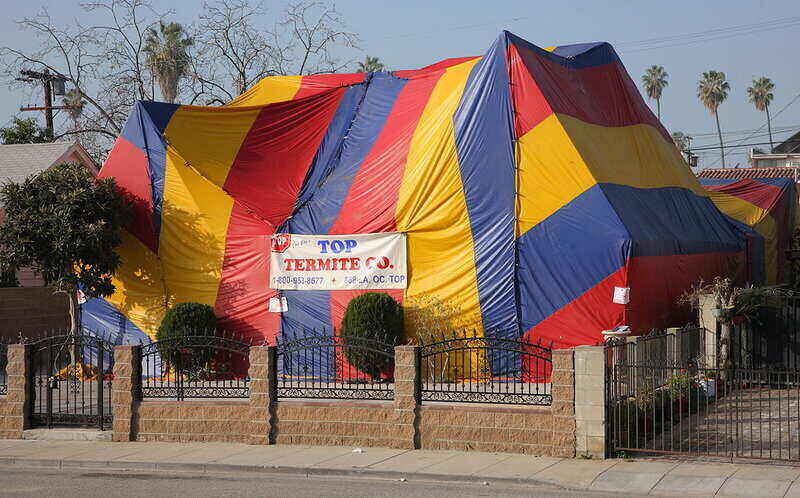 Grande tenda multicolore che copre una casa per lo sterminio delle termiti 