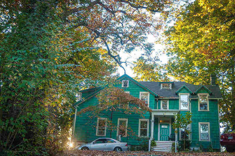 a tall teal-colored house surrounded by large trees