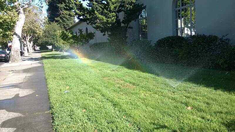 Three in-ground sprinklers in-use on a side yard