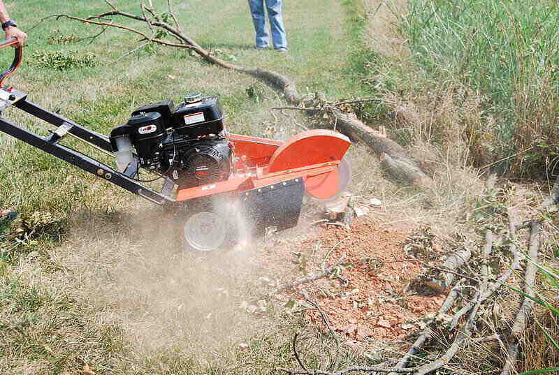 Worker using an orange stump grinder on a stump and logs