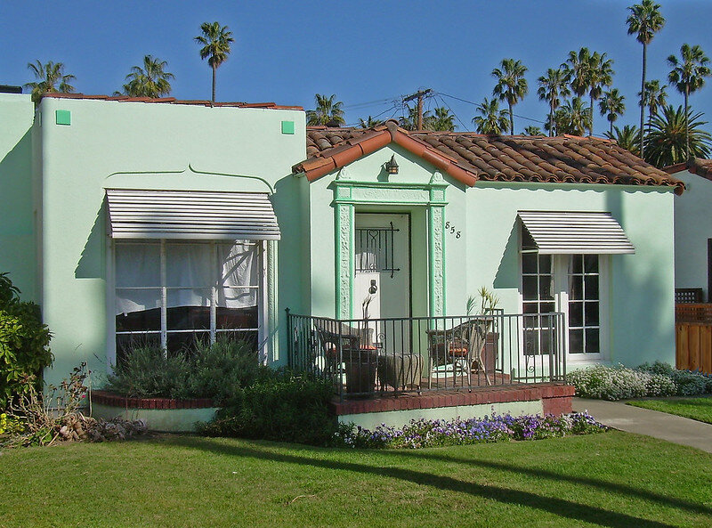 light green colored stucco house