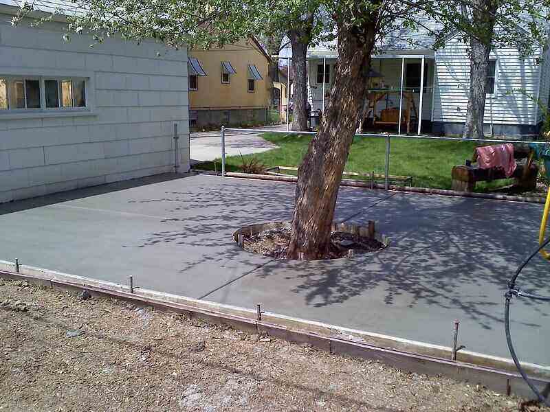Fresh concrete pad with a cutout for a tree in the center of the pad