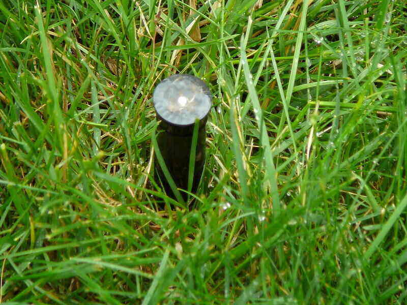 Close-up of a sprinkler head installed in the lawn