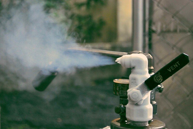 Valve is frozen and the vent is open, letting out steam
