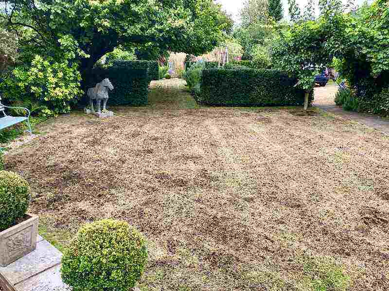 Lawn being aerated and reseeded