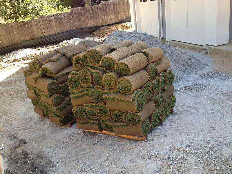 Pile of sod rolls in the middle of a gravel patch