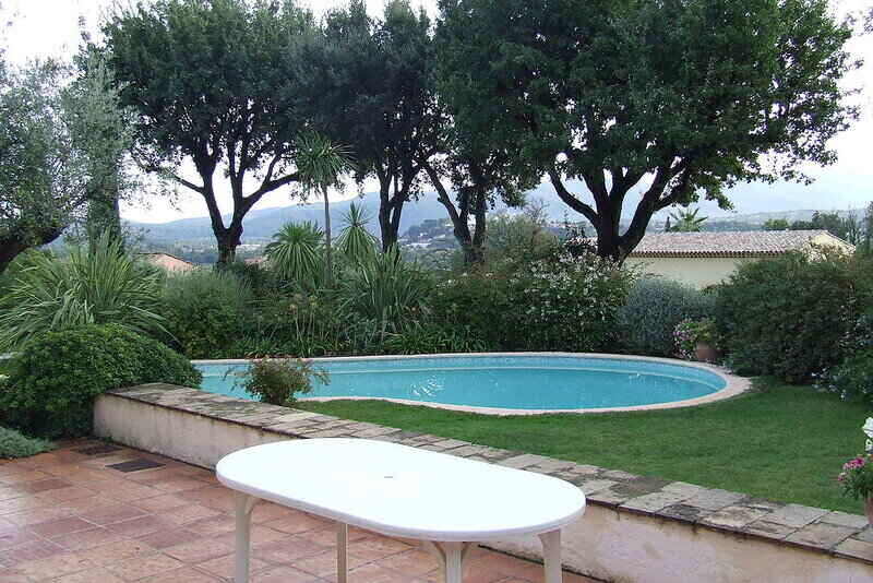 Backyard pool surrounded by landscaped trees and bushes