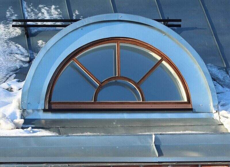 close-up of a historic skylight on a building