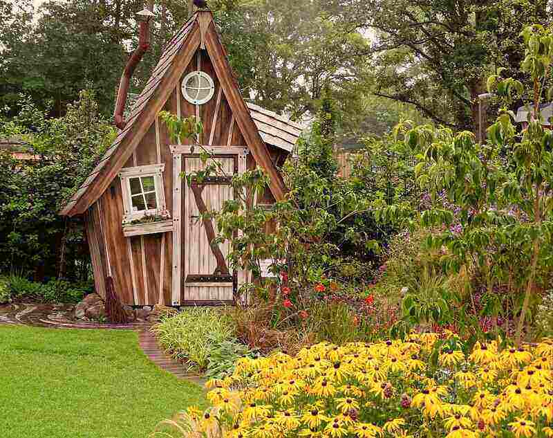 A-frame style whimsical shed made of wood