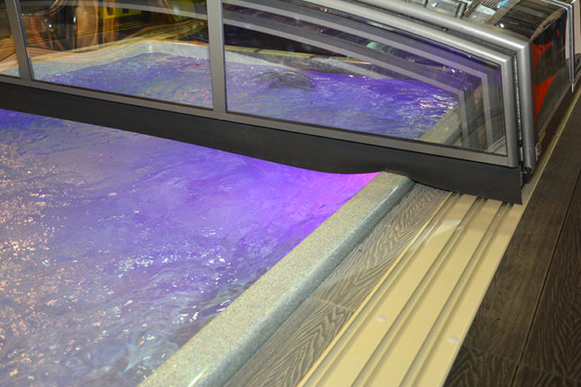 polycarbonate retractable pool enclosure atop swimming pool