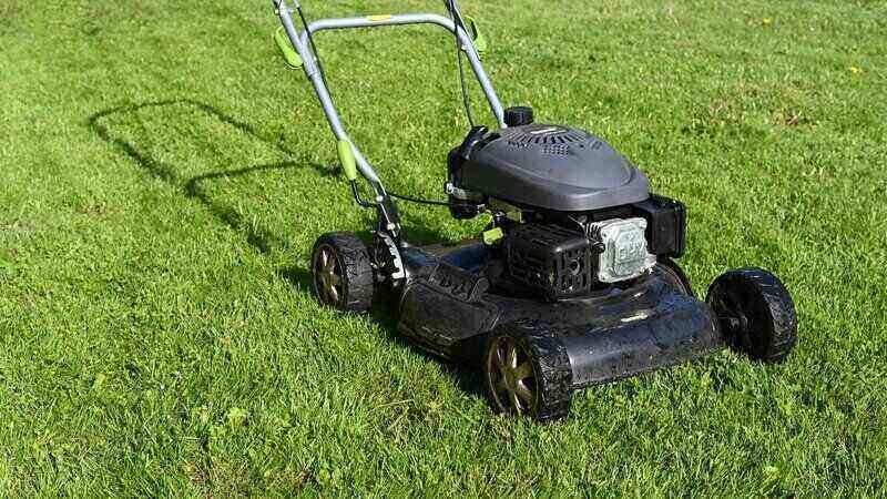 gas powered lawn mower sitting in grass