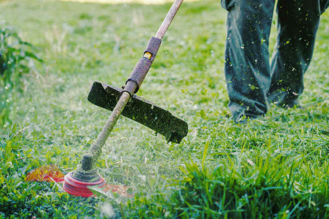 Close up on string trimmer head weed cutter petrol or electric brushcutter working in the yard or field cutting grass in garden in day low angle view