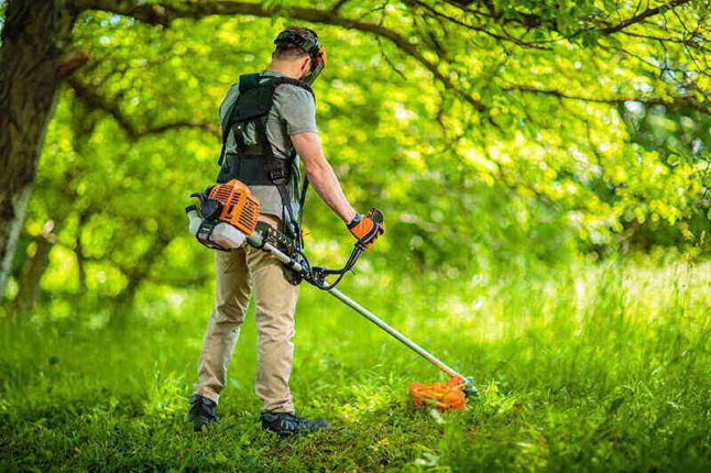 Man holding gas-powered string trimmer in grassy field