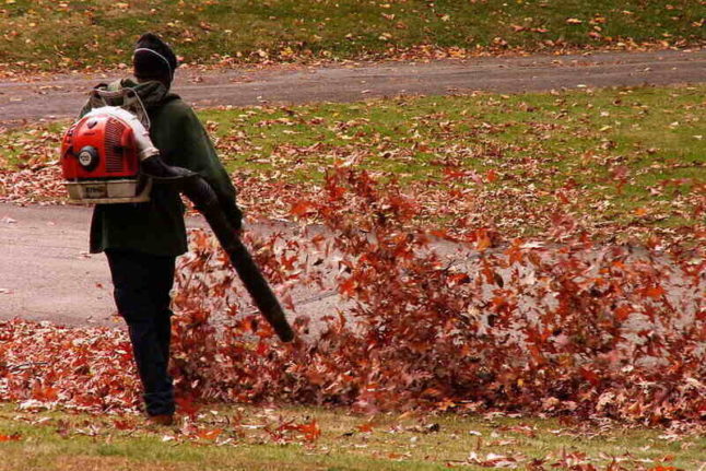 A groundskeeper blows autumn leaves in Homewood Cemetery in Pittsburgh