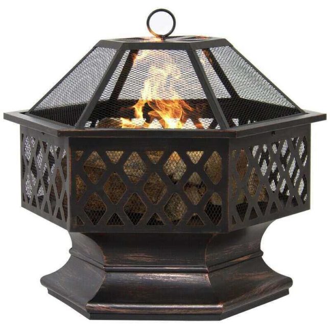 metal grate fire pit with screen and flame