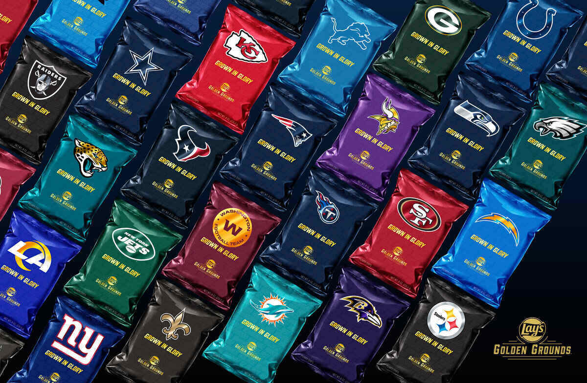 Bags of Lay's Golden Grounds chips in NFL team colors