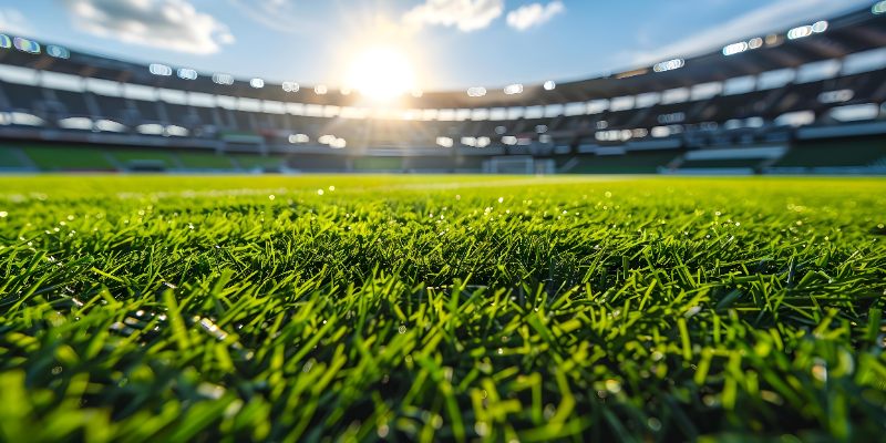 Ground-level close-up of dew-covered grass on a soccer stadium field, with sunlight flaring over the empty stands and goal in the blurred background.
