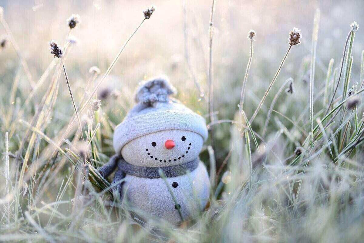 single small snowman figurine in frost-covered grass