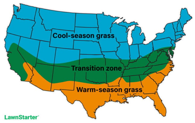 Map of the United States showing cool-season grass, warm-season grass, and transition zones.