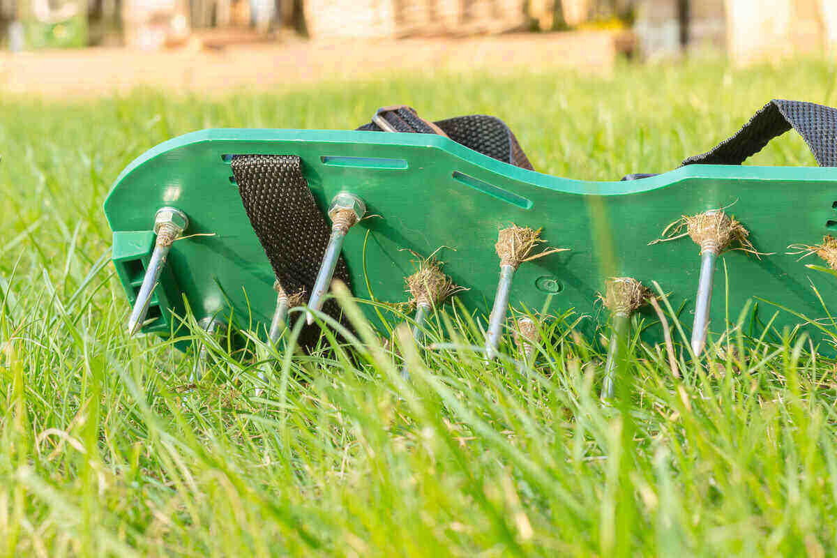 manual spike lawn aerators that fit over your shoe, sitting on grass