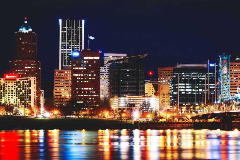 A shot of Portland, Oregon’s skyline at night from the opposite side of the Columbia River
