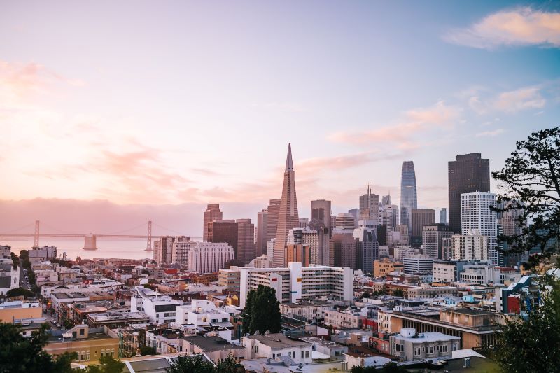 Colorful buildings in San Francisco shine during Golden Hour