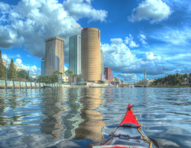 A shot of Tampa, Florida’s skyline in the daytime from a kayakon the Hillsborough River