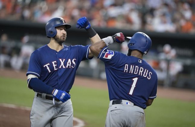 Texas Rangers Joey Gallo and Elvis Andrus bump elbows in Globe Life Field