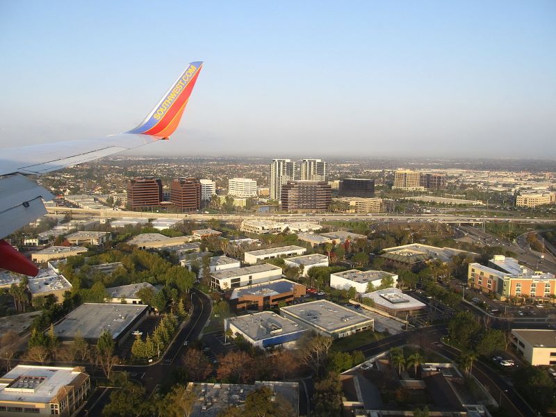 An aerial shot of Santa Ana, California taken from a Southwest Airlines plane descending into John Wayne International Airport