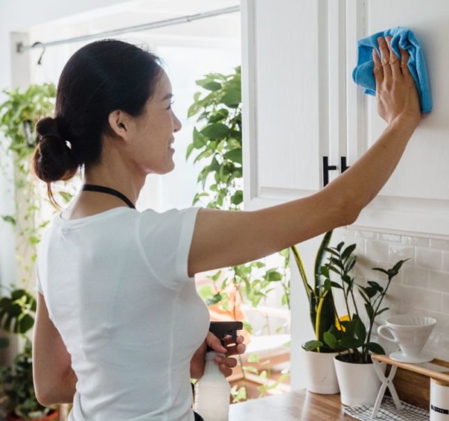 Woman cleans Kitchen Cabinets - Integrated Pest Management Cleaning