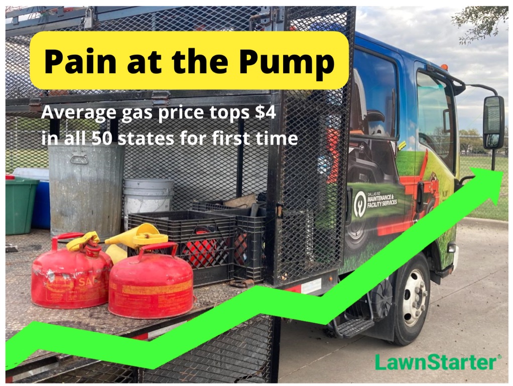 Lawm care truck with gas cans with Pain at the Pump text overlay
