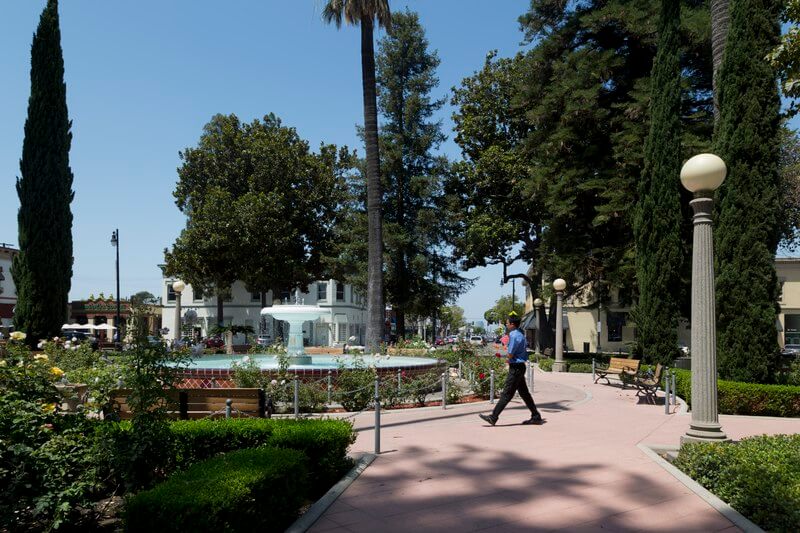 A man walks around flowers and a fountain in a park in Old Town Orange on a clear blue day.