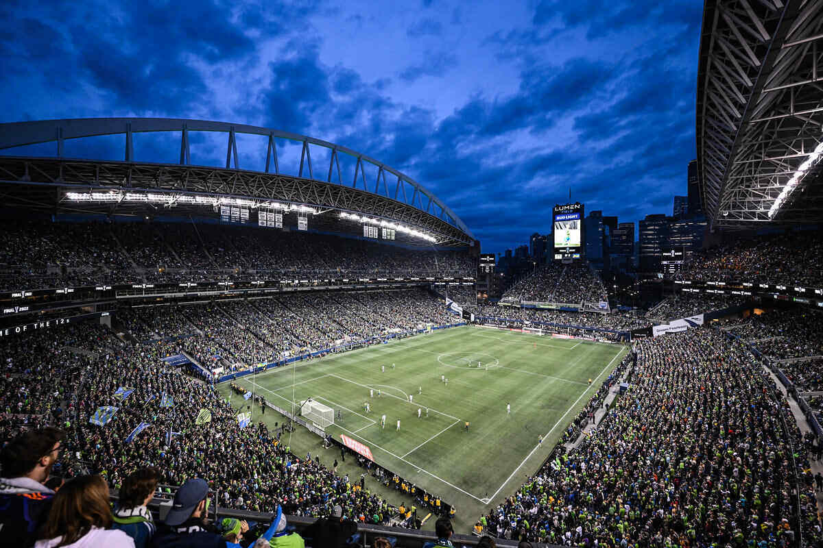A packed Lumen Field, home of the Seattle Sounders, for a night game
