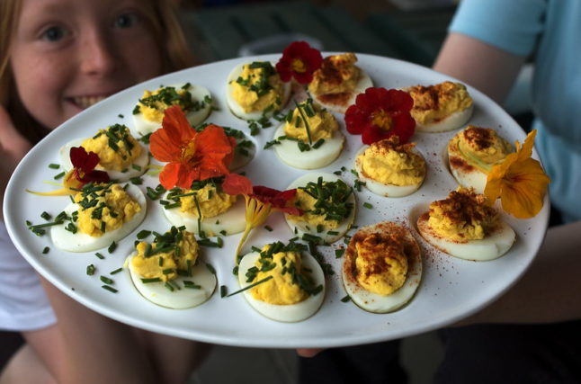 Nasturtium garnish on deviled eggs