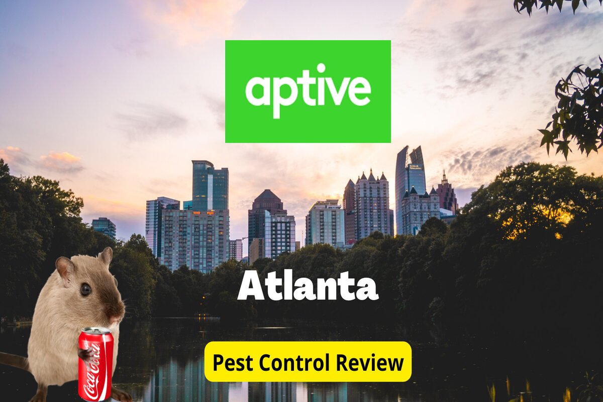 Text: Aptive Environmental Pest Control Review | Background Image: Atlanta City with lakeview | Image: Mouse in coca cola can