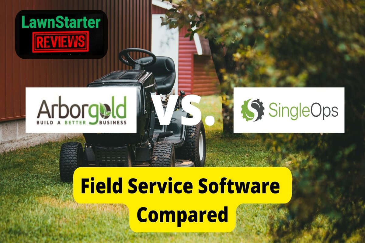 Text: Arborgold vs. SingleOps review | Bckground image: Lawnmower on grass