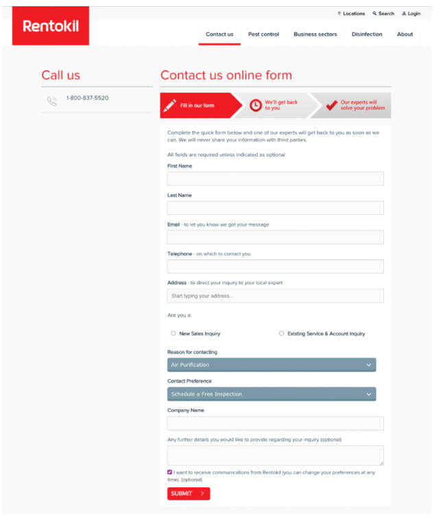 Rentokil screenshot showing sign-up process