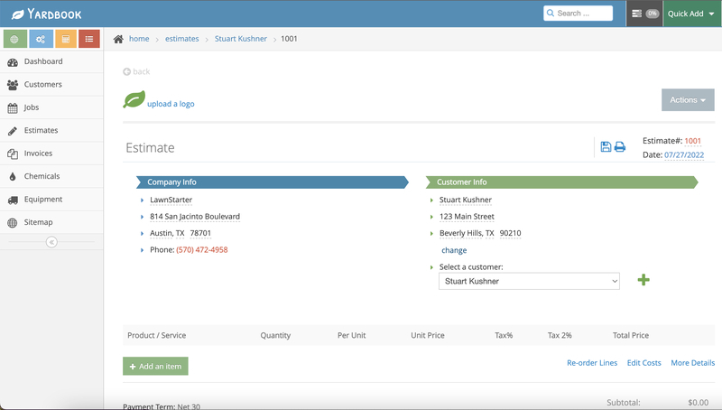 Yardbook Estimate Screen