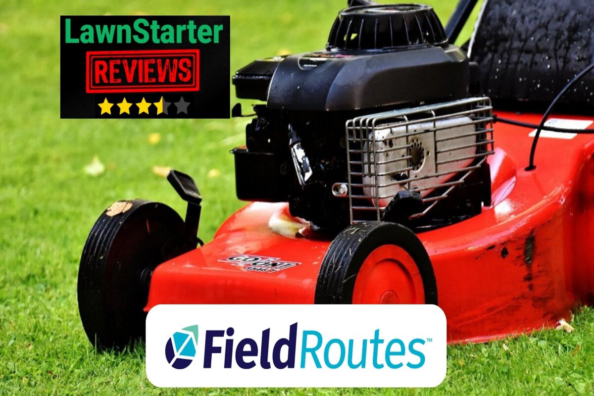 Text: LawnStarter Reviews: Field Routes | Rating: 3.5 stars | Background Image: Lawnmower on grass