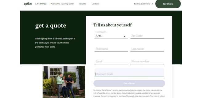 Get a Qoute Form on Aptive website screenshot