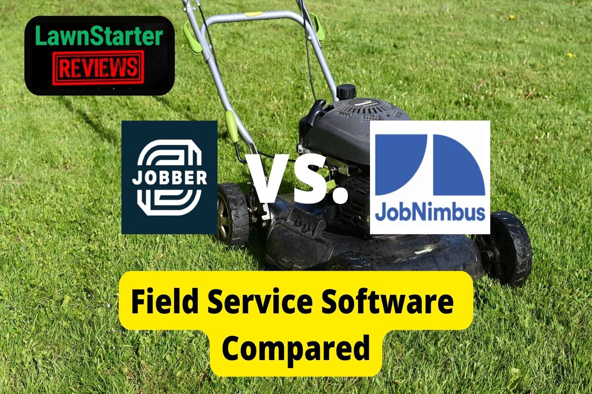 Text: LawnStarter Reviews : Jobber vs jobnimbus | Background Image: Lawn Mower on grass