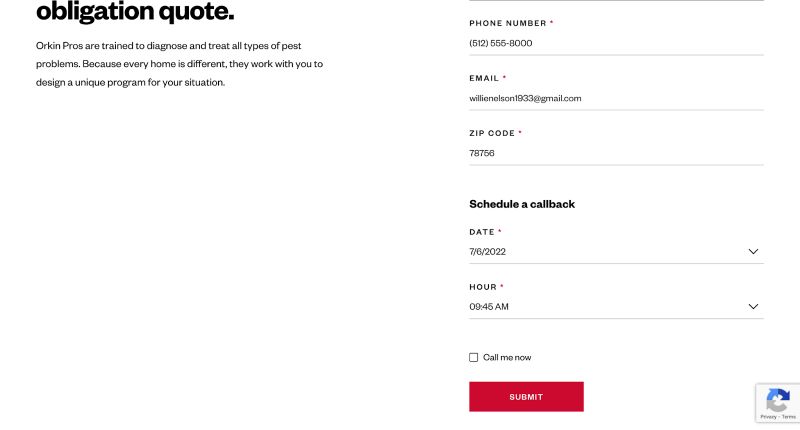 Orkin Quote Contact Form - Filled In